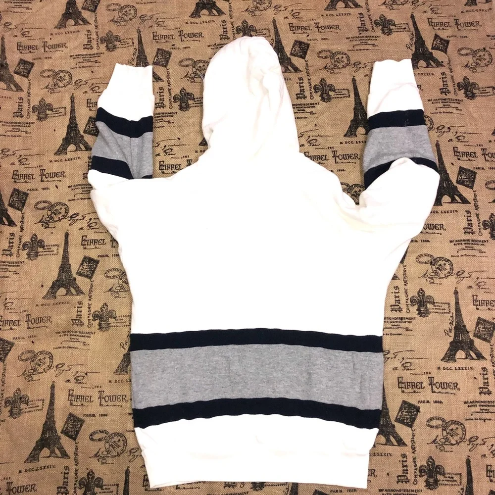 Adidas White/Navy Blue/Grey Striped Logo Embroidered Hooded Jacket Size S - Picture 9 of 9